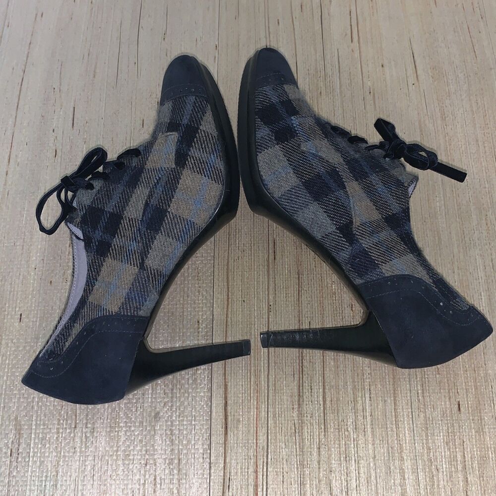 Johnston & Murphy Oxford Heels Sz 9M Office Academia Pinup Blue Gray Suede Wool - Picture 11 of 16